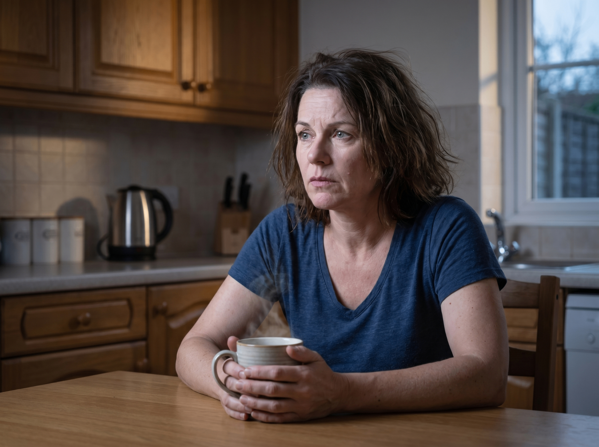 Tired middle-aged woman in her kitchen holding a coffee mug in the morning