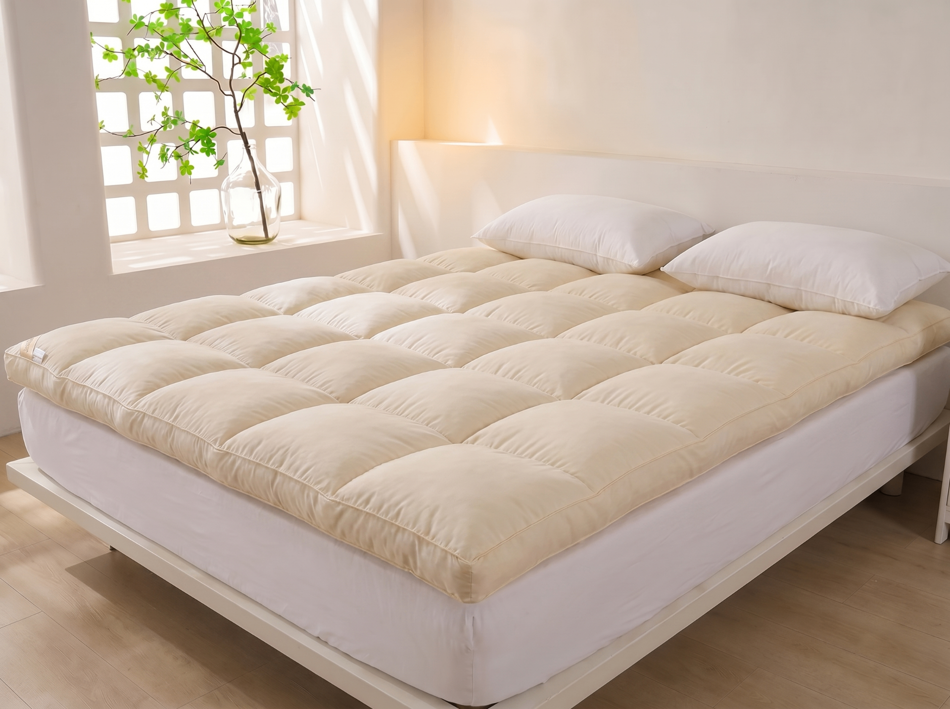 A thick bamboo cooling mattress topper on a neatly made white bed